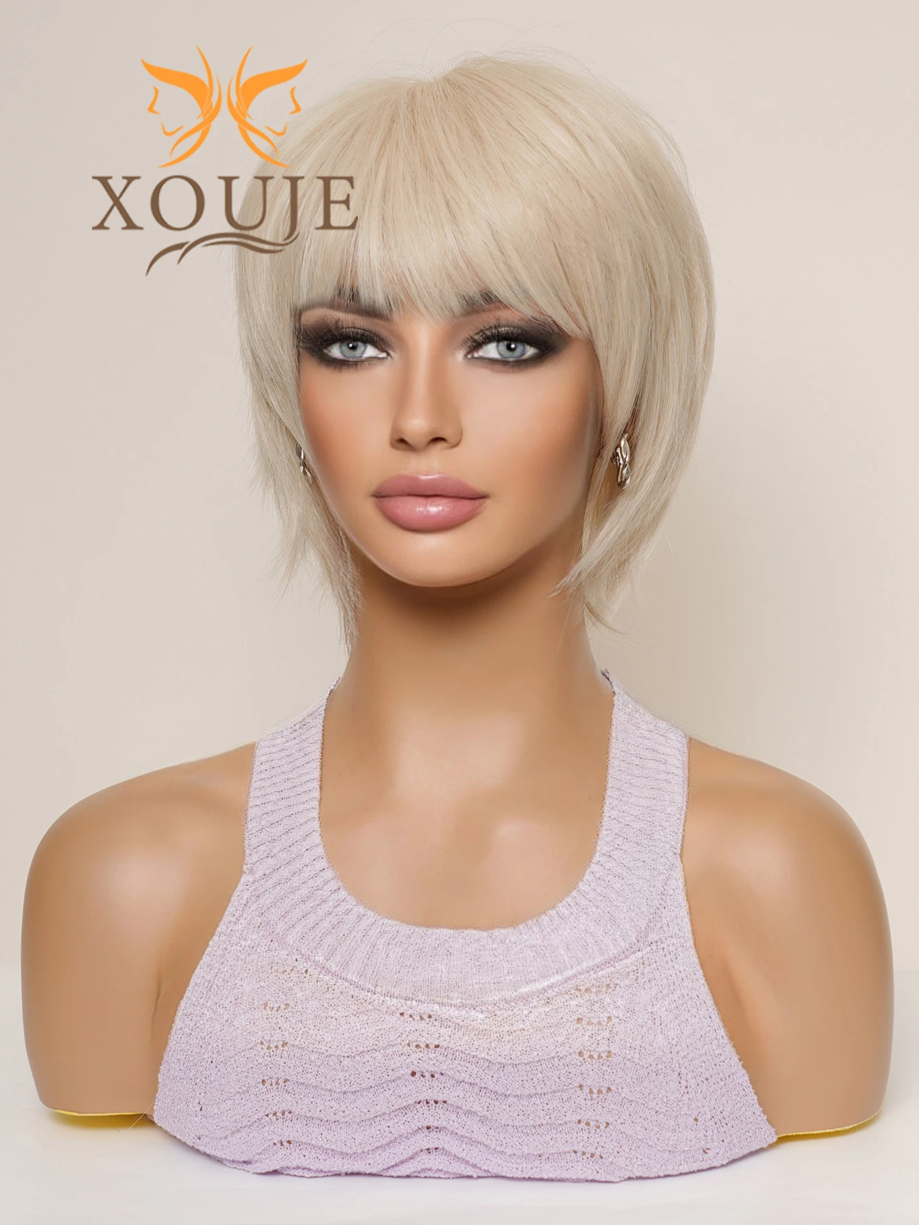 XOUJE Sweet and Cute Short Hair Bangs Elf Cropped Natural Blonde Chemical Fiber Heat Resistant Wigs Women Daily Use Fashion Wigs