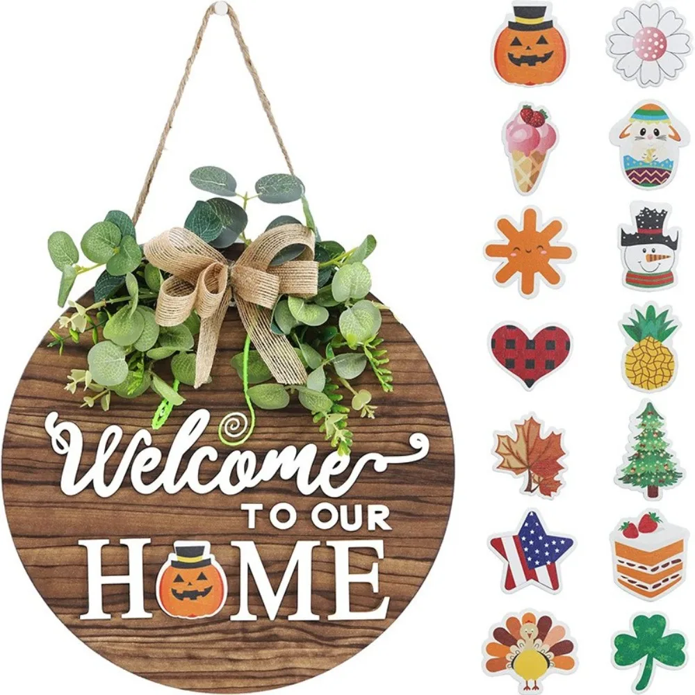 Wooden Welcome To Our Home Front Door Sign Personalized Shiplap Wood Door Hanger Christmas Halloween Decoration