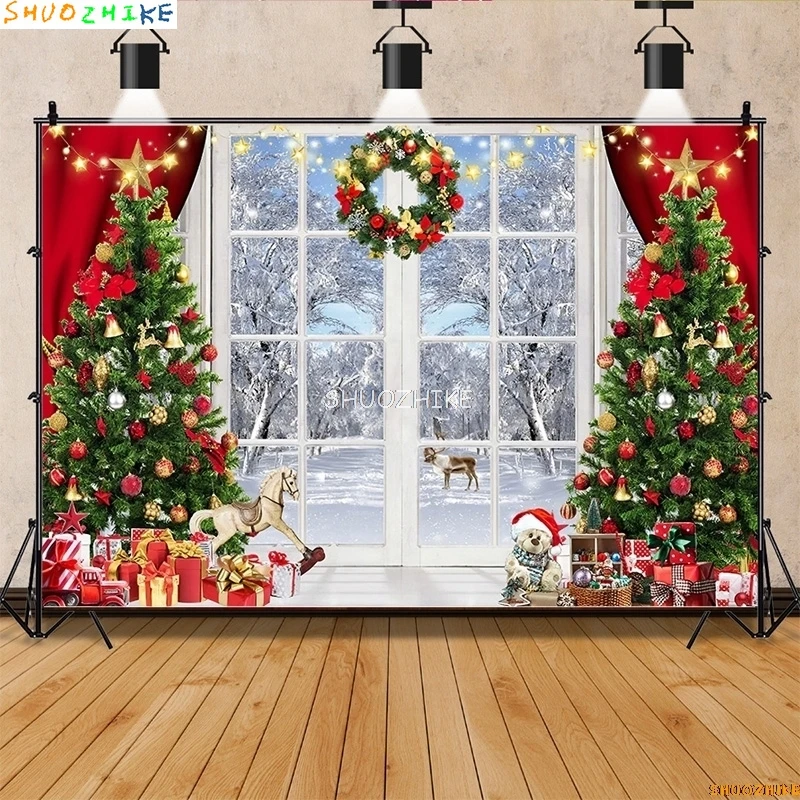 SHUOZHIKE Christmas Tree Window Wreath Photography Backdrop Wooden Doors Snowman Cinema Pine New Year Background Prop ZZ-24
