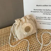 Woven Straw Mini Messenger Bag for Women Drawstring Closure Summer Cute Bucket Bag with Flower Crossbody Bag, Phone Wallet Pouch - Image 3