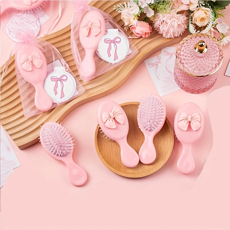 15 Stück/5 Sets Mini-Haarbürsten-Set, Partygeschenk für Frauen, Freundschaftsgeschenke, rosa Schmetterlings-Kompaktspiegel, Kartenetui – Detail 2