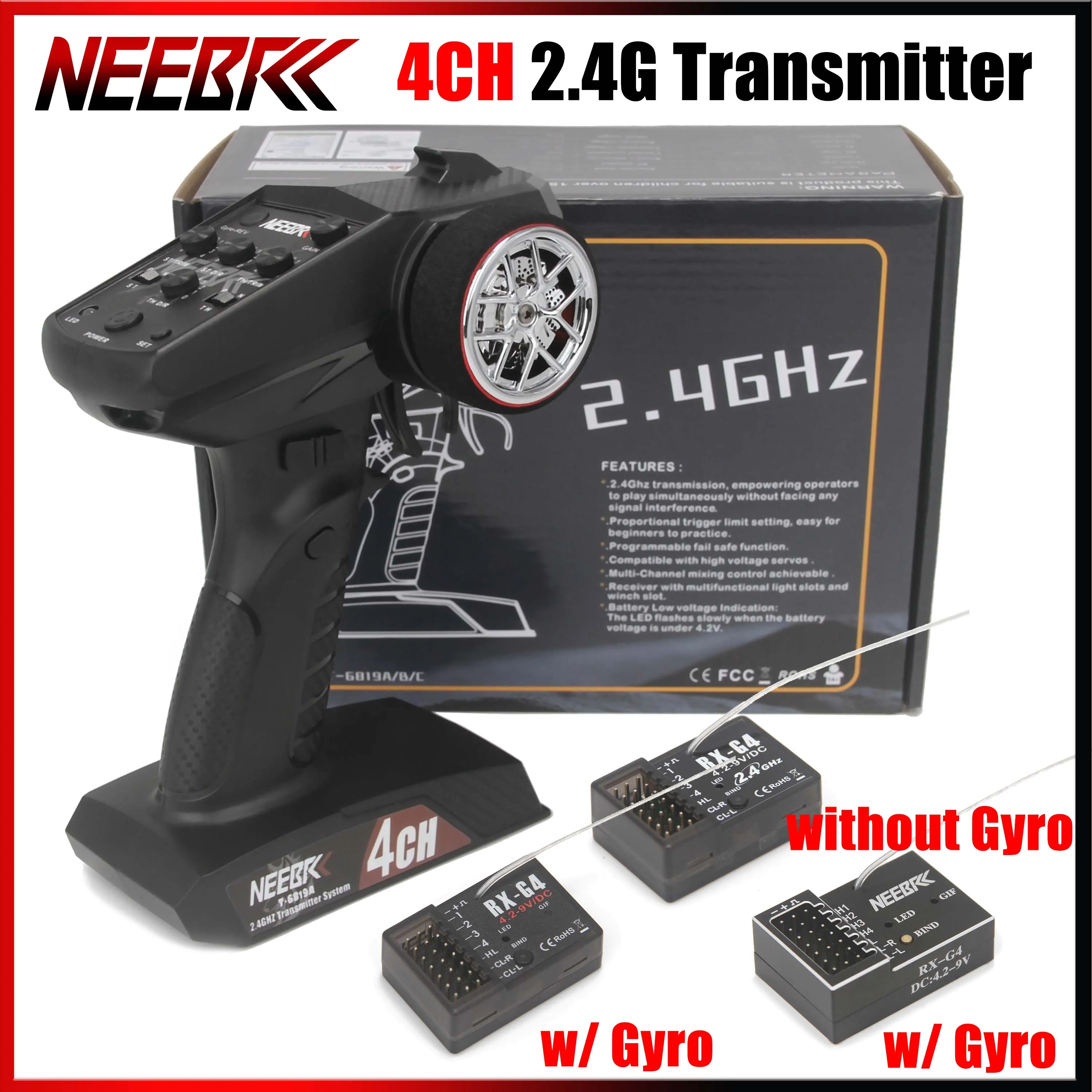 

NEEBRC 4CH 2.4G Transmitter Digital Remote Controller Radio System Light Control Metal Gyro Receiver for RC Car Boat Toy Part