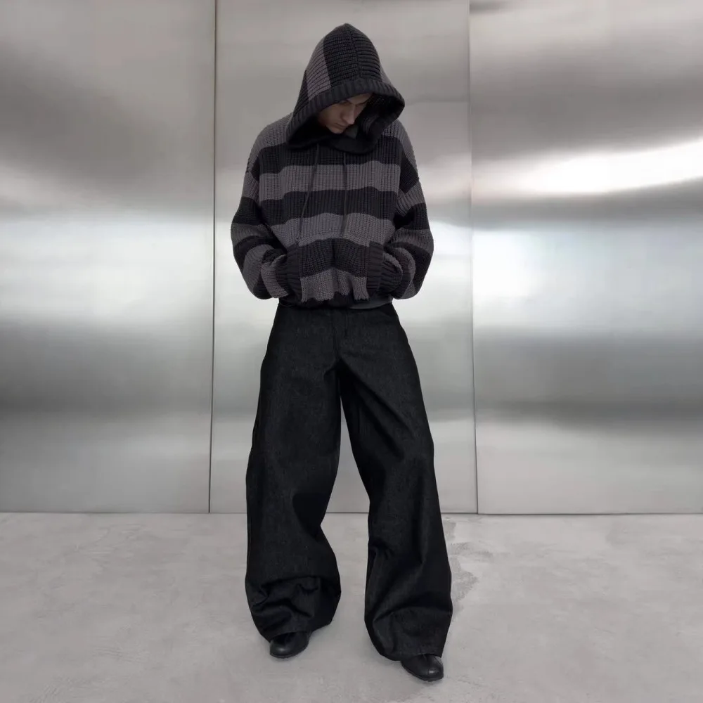 Retro Grey Black Horizontal Stripe Hood Knit Sweater Loose Oversized Chunky Knitted Hoodie Grunge Aesthetic Street Jumper