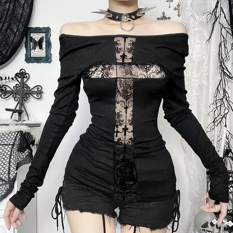 

Women's Clothing Cross Lace Spliced T-shirts Dark Gothic Solid Color Spring Autumn Slash Neck Aura Stylish Hollow Out Pullovers