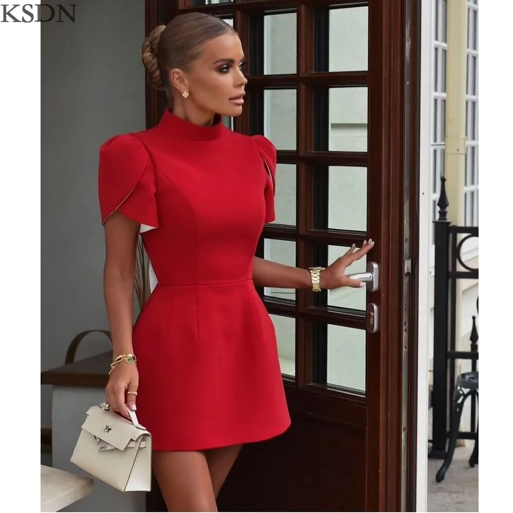

KSDN Elegant Red Evening Dresses Formal Princess Short Sleeve Bow Above-Knee Gowns Luxury Customized Formal Occasion Dress 2025