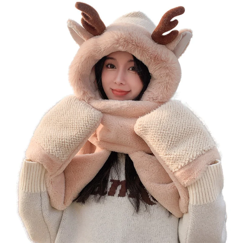 

Cute Fashion Cartoon Deer 3 In 1 Women Windproof Earcap Thickened Soft Neck Warmer Beanies Cap Plush Hat Scarf Gloves Set