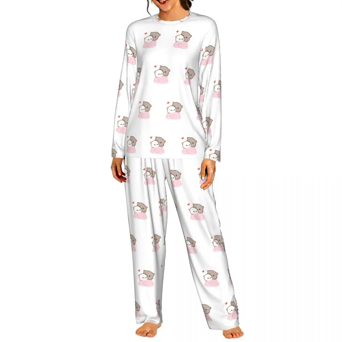 Peach And Goma Cuddling Mochi Peach Cat Round Neck Long Sleeves Nightdress for Sleepshirts Women Soft Pajama Set Long Pants