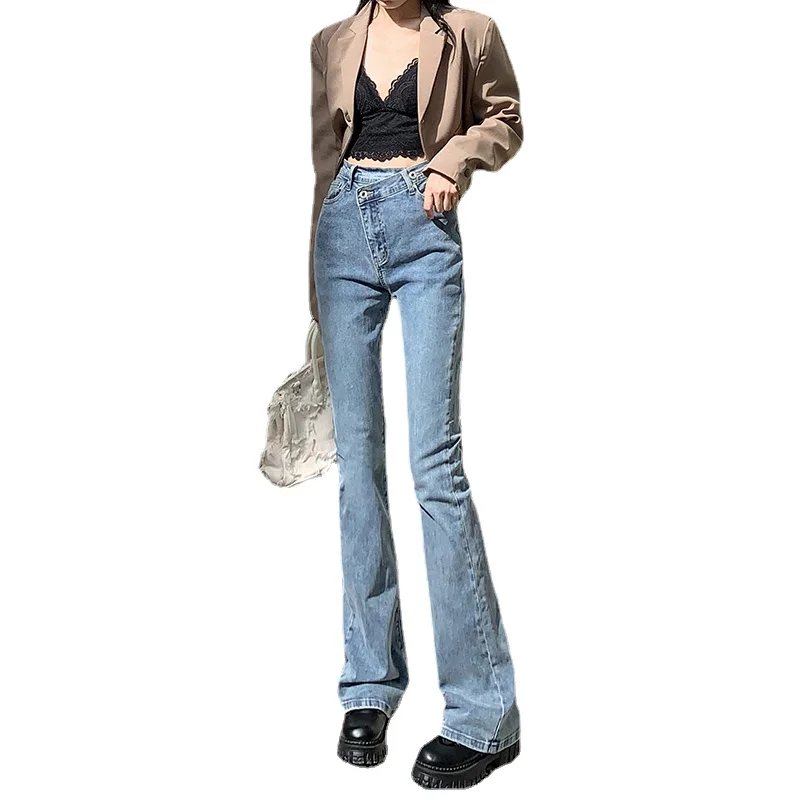 

2022 New Design Women Jeans Blue Gray Micro-bladed Jeans Women's Spring Autumn High-waisted Slim Drapey Mopping Flared Trousers