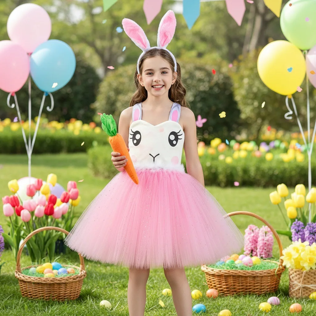 Girls Pink Bunny Tutu Dress Kids Easter Rabbit Costume with Bunny Ears Headband Carrot Prop for Birthday Party Photo Shoot Dress