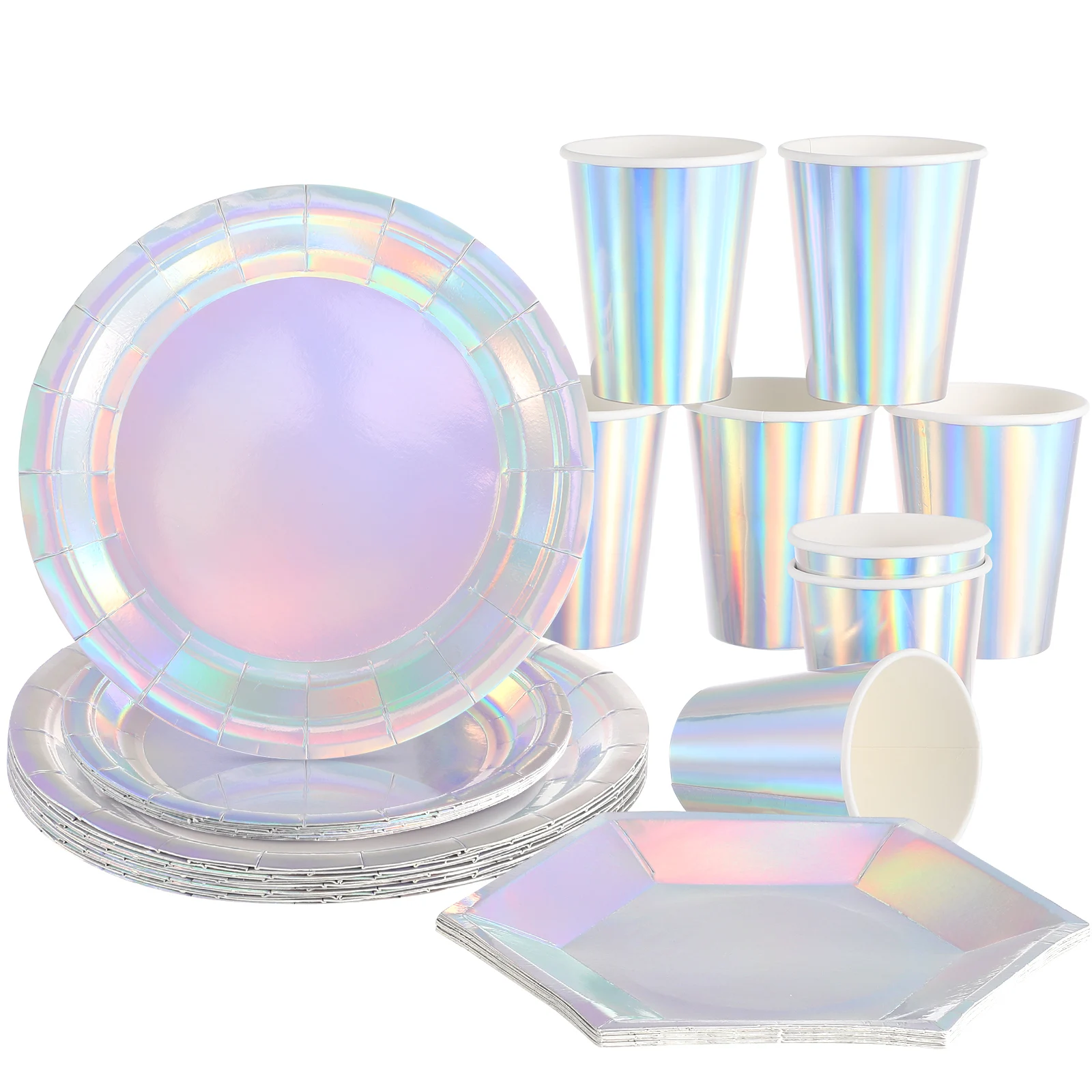 

32 Pcs Disposable Holographic Paper Tableware 8 Inch Plates 9 5 Ounce Cups Birthday Daily Use Kitchen Bar Supplies