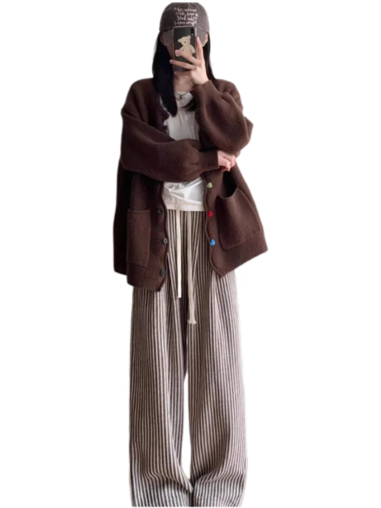 Coffee color woolen wide leg pants women's new autumn and winter high waist hanging casual small vertical stripes straight pants