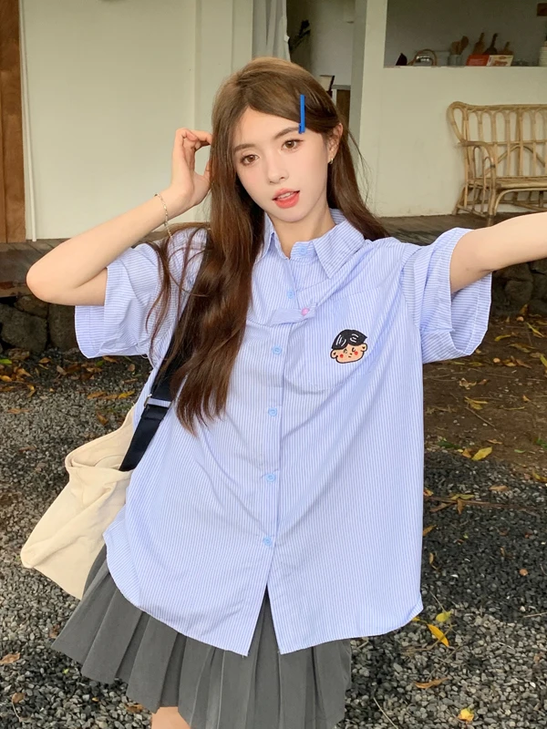 

Japanese College Style Cartoon Striped Short Sleeve Casual Loose Women's Shirt Summer Fashionable Small Size Lazy Versatile Top