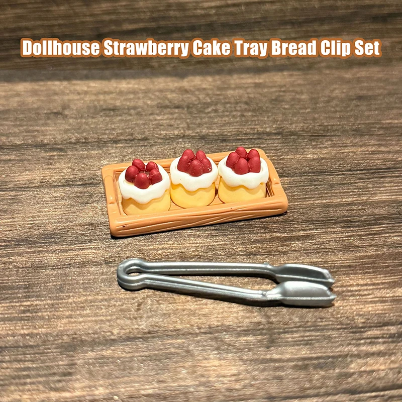 1 Juego de bandeja de pastel de fresa en miniatura para casa de muñecas con Clip para pan modelo 1/12 accesorios de decoración de escena de casa de muñecas juguetes-juguete