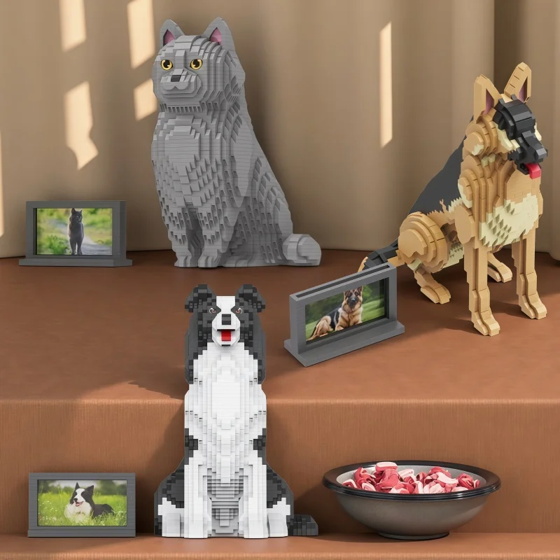 

Realistic Pet Building Blocks Collection, Grey Cat, Border Collie & German Shepherd Models with Photo Display, DIY Puzzle Toys f
