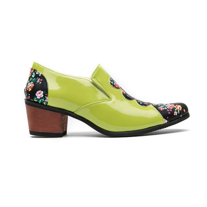 

FUQIAO 2026 Spring/Autumn New Retro High Heels Loafers Patent Leather Pumps Solid Colors Flower Printed Slip-on Men's Shoes