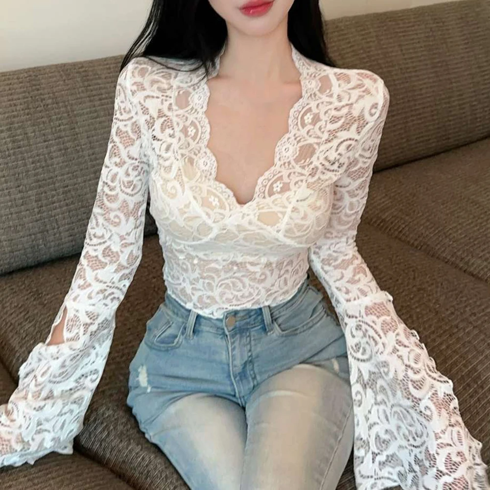 Longsleeve V Neck T Shirt Featuring Stylish Lace Trumpet Sleeves Designed for Women Embracing Hot Girl Fashion