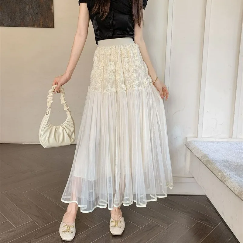 Floral Semi-Body Skirt Women's Heavy Embroidery Netting Maxi Skirt Spring Summer New Style Fashionable Umbrella Design Sensation