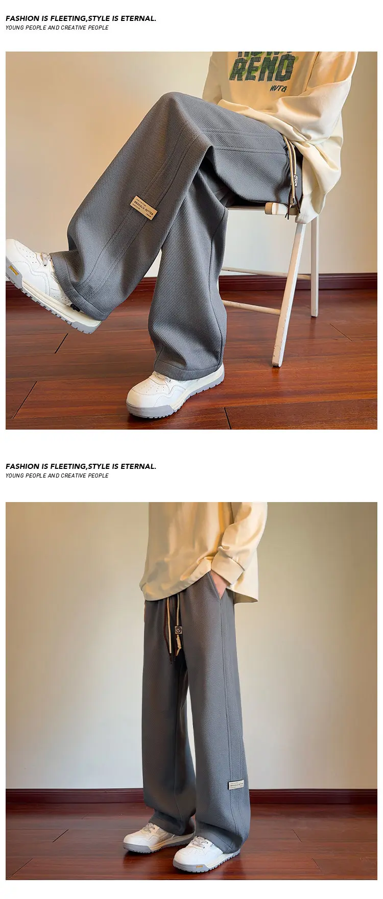 Herren-Sweatpants mit Kordelzug, weitem Bein, einfarbig, elastischer Bund, lockere, gerade geschnittene Hose, Streetwear, Freizeit- und Alltagshose. – Detail 25