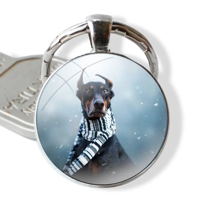 Black animal Doberman Pinscher Dog Glass Metal Pendant Key Chain Classic Men Women Key Ring Accessories Jewelry Gifts