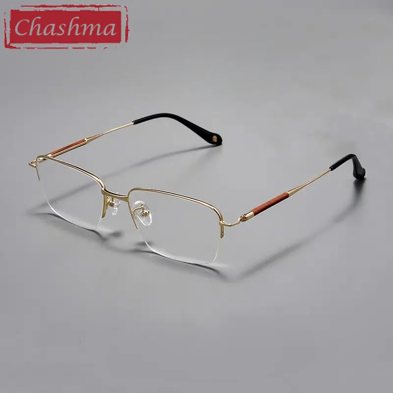 Chashma 54mm Prescription Glasses Men Titanium Frame Rose Wood Temple High End Ultra Light Half Frame Eyewear Gafas for Male