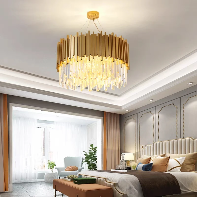 

Kobuc LED Postmodern Round Golden Stainless Steel Crystal Chandelier Lighting Lustre Dinning Room Suspension Luminaire Lampen