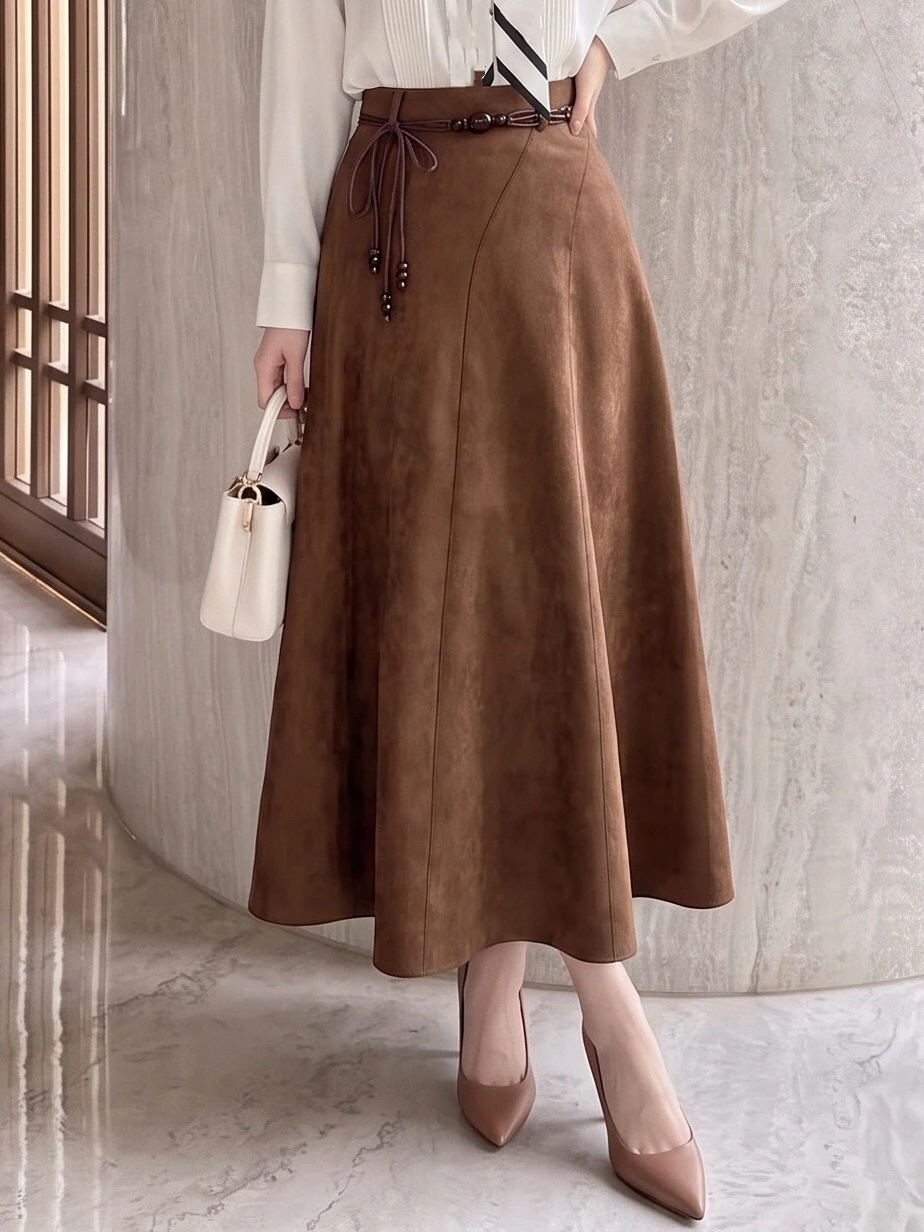 Chic Velvet Suede Finish A-Line Umbrella Skirt High Waist Belted Midi Swing Skirts Women Navy Blue Brown Long Bottoms