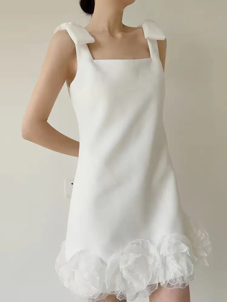 

White Satin Halter Dress Short Party Birthday Celebration Elegant Fashionable High Waist Short Gown with Handmade Flowers