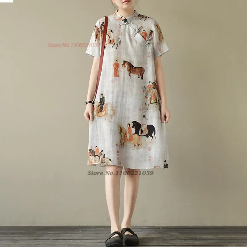 2025 chinese sleeveless dress vintage cheongsam dress national print cotton linen qipao chinese traditional dress a-line qipao