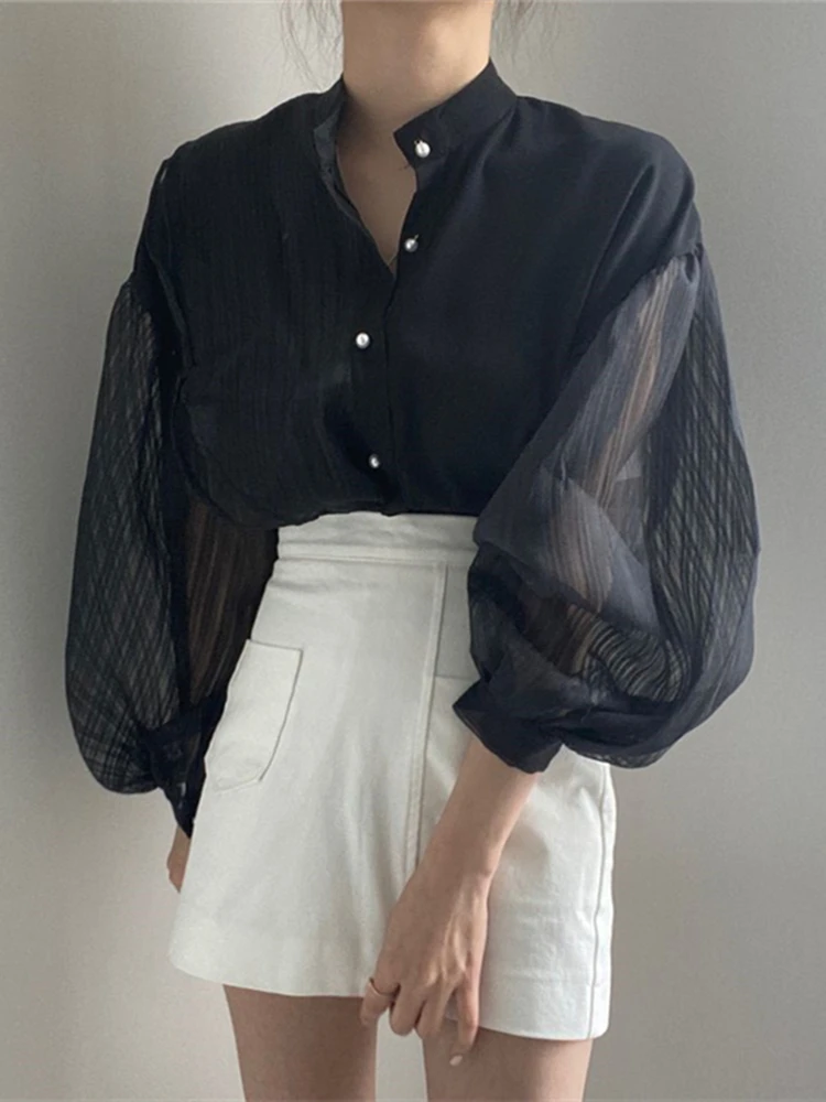 Colorfaith BL06620 New 2023 Patchwork Tulle Transparent Korean Fashion Spring Summer Blouses Chic Shirts Retro Elegant Lady Tops