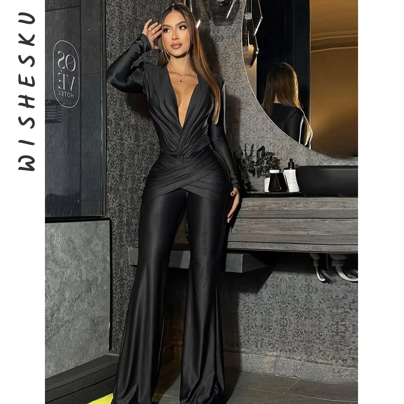 

Sexy Deep V Neck Ruched Long Sleeve Jumpsuits Women Slim Fit Flare Pants One Piece Rompers 2025 Fall Elegant Outfits
