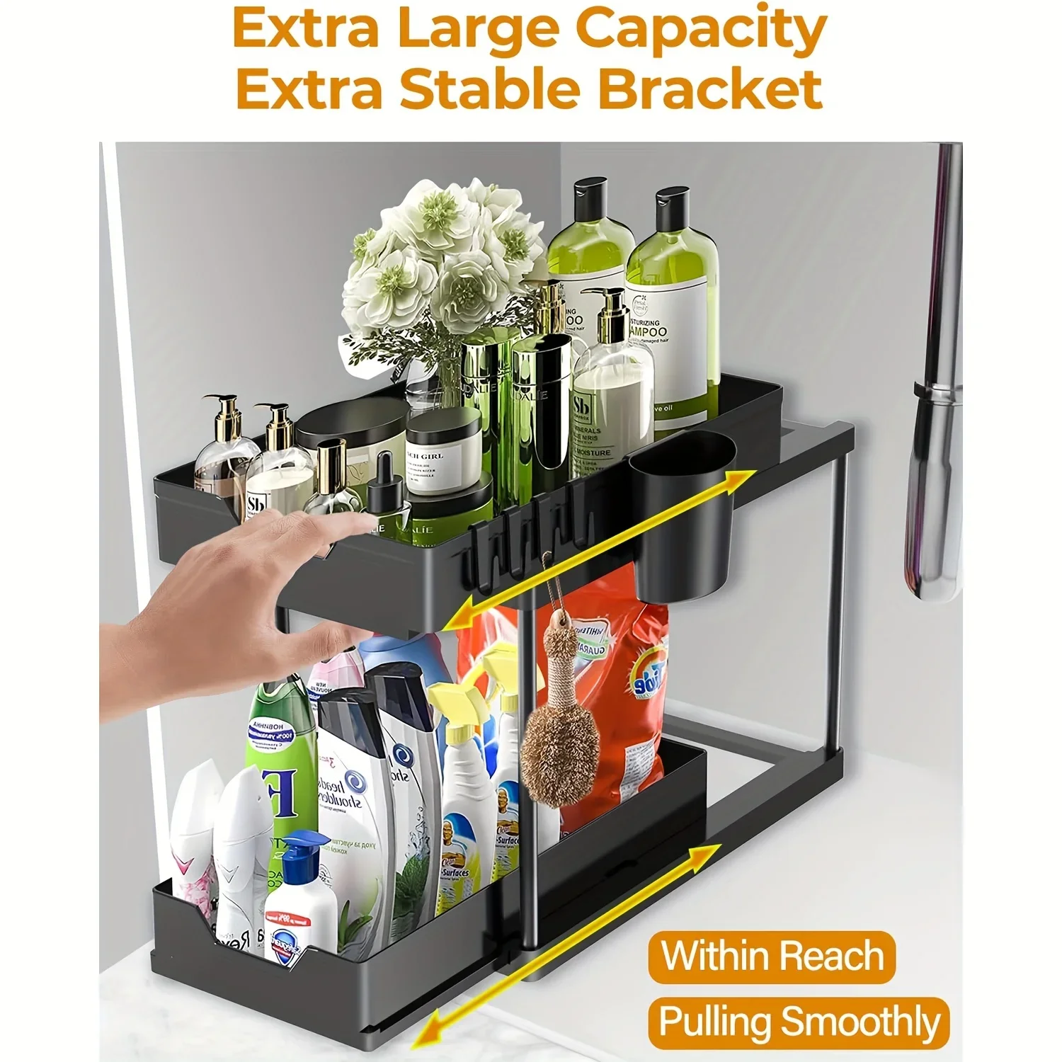 1 pack of under-sink storage box and storage bathroom, 2-tier under-sliding cabinet basket storage box with hook multi-purpose