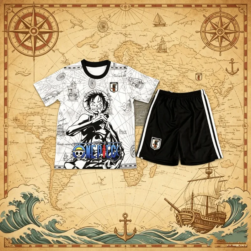 One Piece Jungen Mädchen T-Shirt Set Cartoon Tees Anime Buchstaben-Print Kinder Baumwolle Kurzarm Shorts 2-teiliges Set Kinder Sommerkleidung