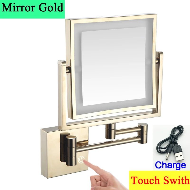 Square Touch Led opvouwbare badkamerspiegel 3x vergrotende badkamer make-upspiegels Accessoires Wandmontage Touch on badspiegels