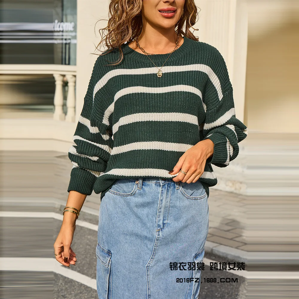 

Contrast Color Striped Sweater for Women in Autumn and Winter New Retro Loose Lazy Style College Style Knitted Top
