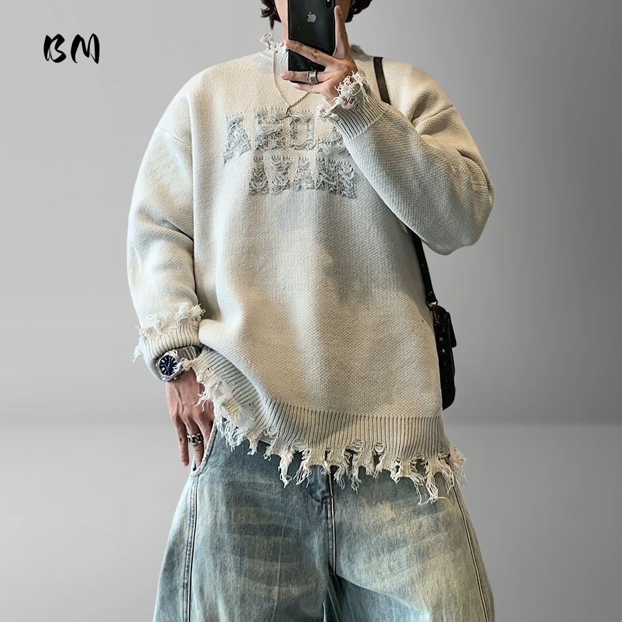 

Korean Oversized Thick Knit Crewneck Sweaters Hip Hop Streetwear Letter Distressed Frayed Ripped Vintage Trendy Autumn Winter