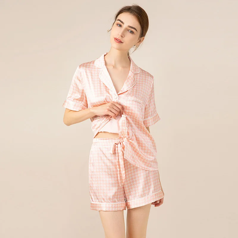 Luxury 100% Mulberry Silk Women Pajamas 2 Piece Set Houndstooth Short Sleeve Button Down Night Suit Loungewear For Ladies Gift