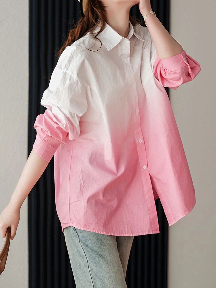 2025 Spring New Long Sleeve Women Cotton Basic Shirt Casual Button Up Tie Dye Blouse Korea Style Turn-Down Collar Loose Tops