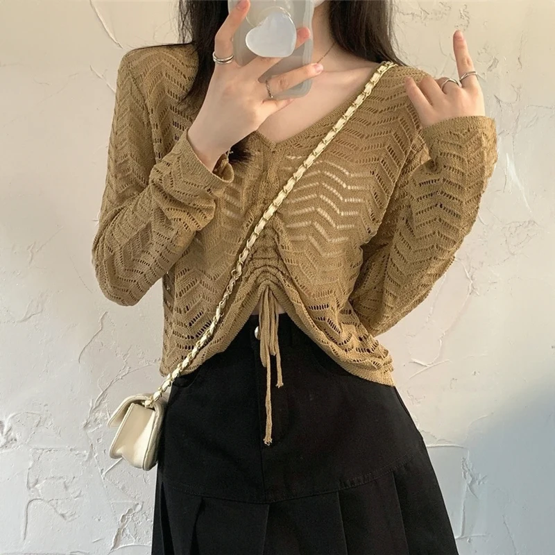 Drawstring Cropped Pointelle Sweater Long Sleeve V-neck Sheer Open-knit Pullovers Women Spring Summer Outfit