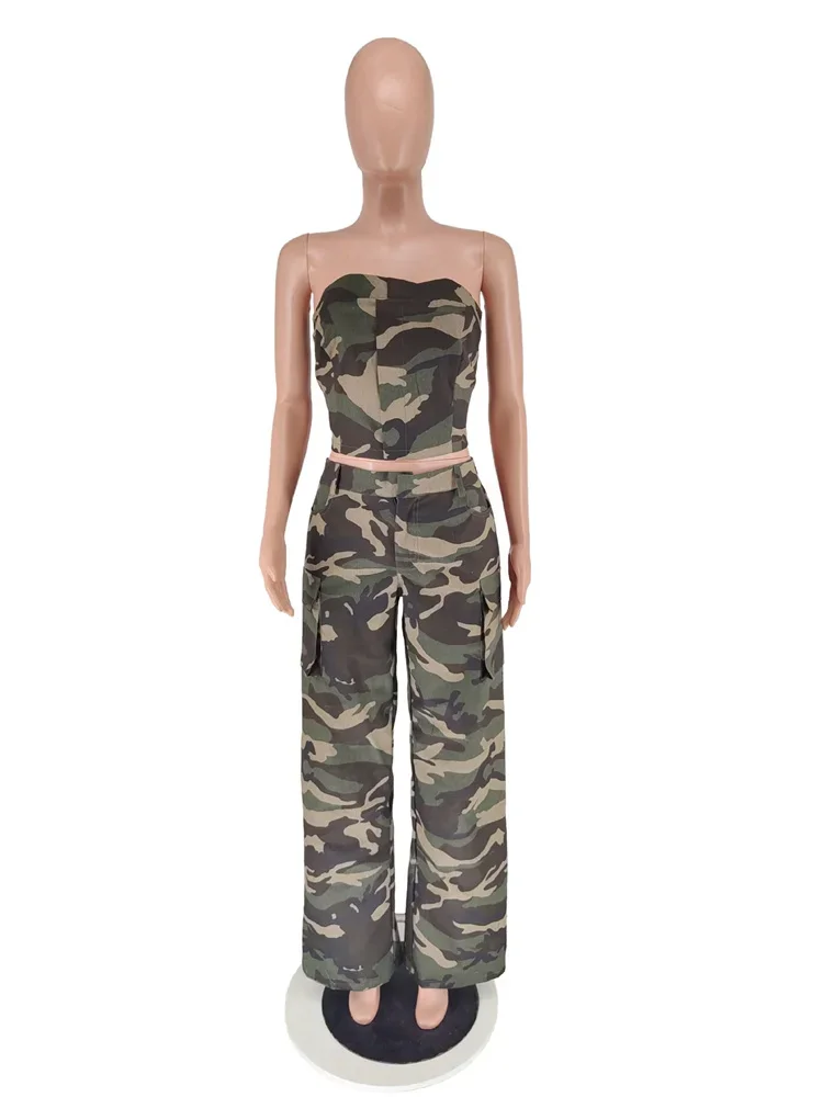 Wmstar damski dwuczęściowy zestaw Off Shoulder kamuflaż krótki Top spodnie z szerokimi nogawkami zestawy pasujące stroje dres do biegania Dropshipping