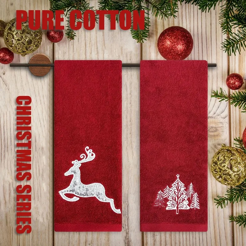 2/4PCS Christmas Towel Double-sided Terry Sequined Elk Embroidery Christmas Tree Snowflake Thickened Absorbent Cotton Towel
