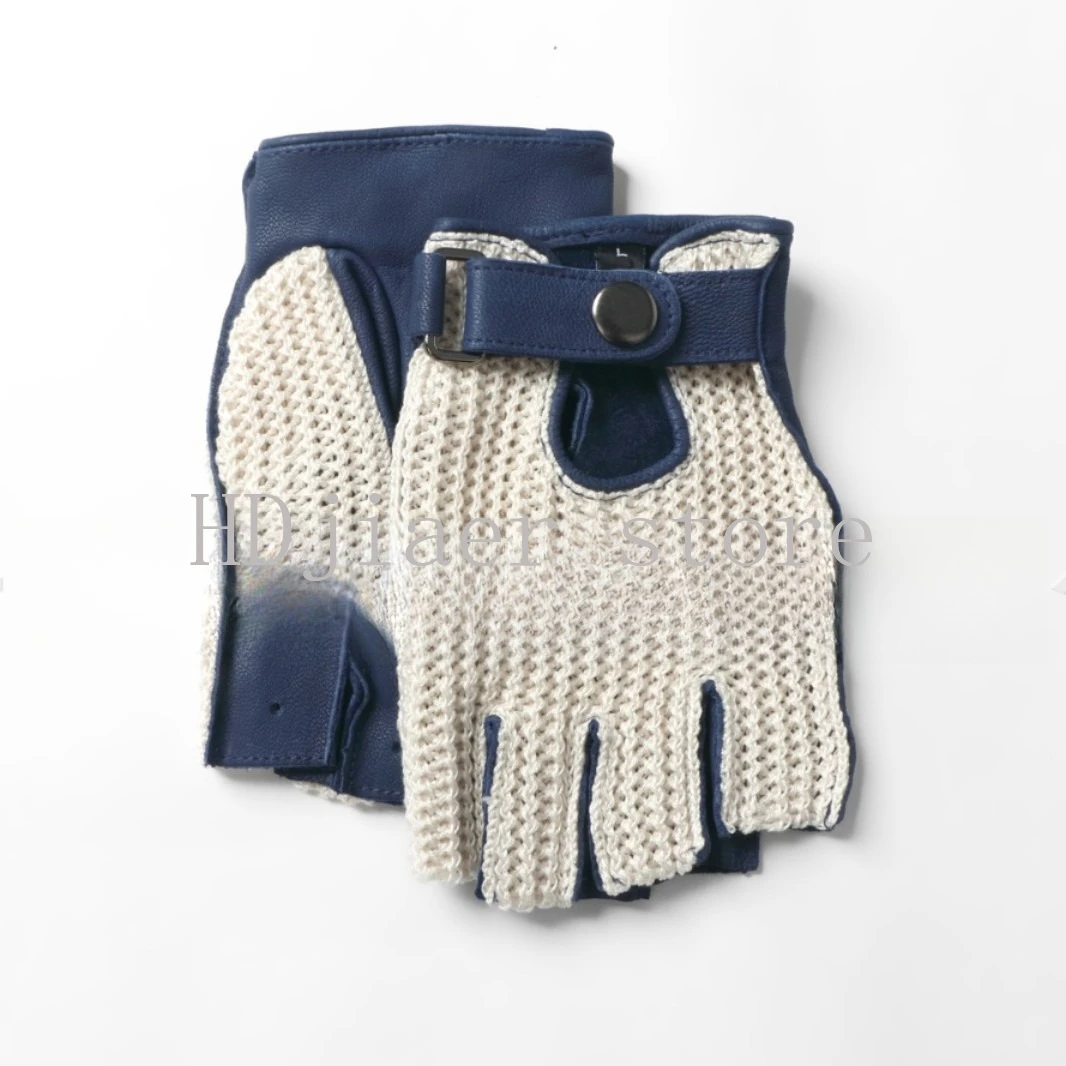 

Leather Gloves Men's Cotton Knitted Sheepskin Half Finger Cycling Motorcycle Driving Car Leather Gloves