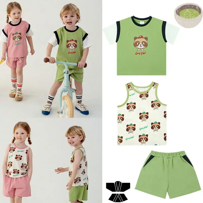 

Jenny&Dave Spot 2023 Summer New Children's Casual Two Piece Set for Children's Cartoon Raccoon Print Short Sleeve Pants Set for