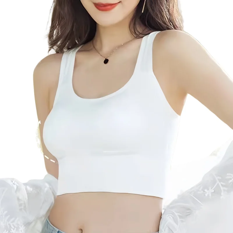Women Crop Top Padded Bra Tank Top Wide Straps Seamless Underwear Casual Streetwear Solid Color Camisole Removable Pads M-L
