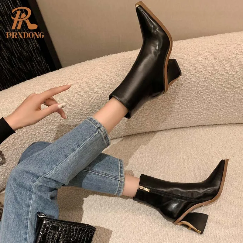 PRXDONG New Brand Genuine Leather Women Shoes Chunky High Heels Pointed Toe Autumn Winter Warm Ankle Boots Black Brown Size 40