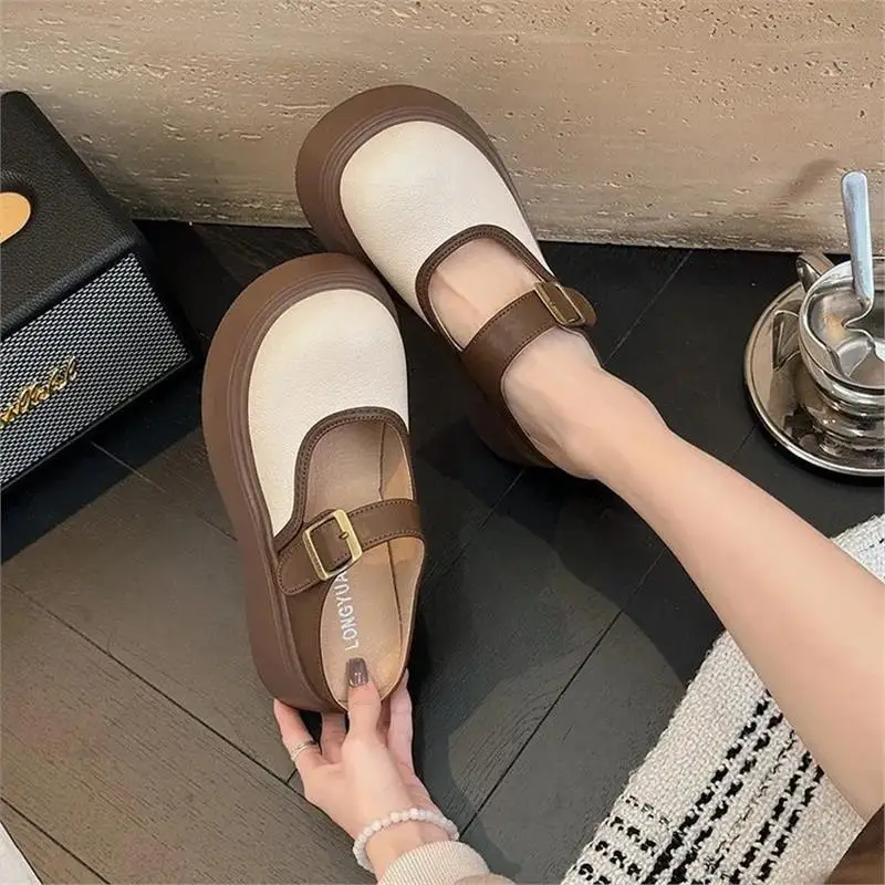  Style Thick Heel Sandals Women's Summer Outdoor Wear round Toe Slip-On Mary Jane Flat T-Strap PU Lined Clog Shoes