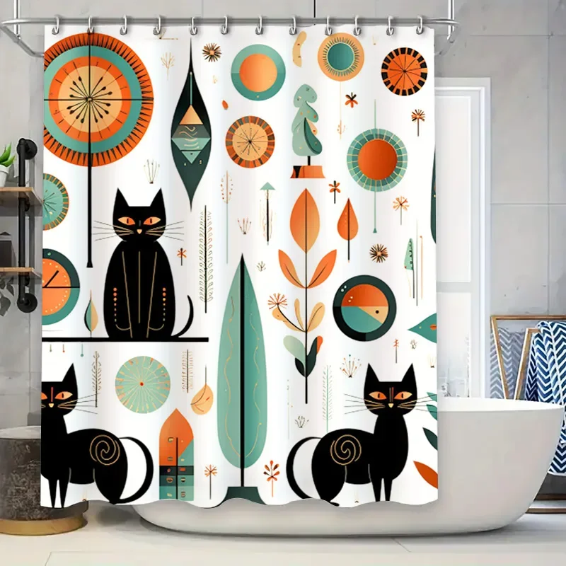 

Retro Cat Pattern Shower Curtain Unique Bathroom Decor for Home Decoration Black Cats Print Fabric Bath Shower Curtain Waterproo