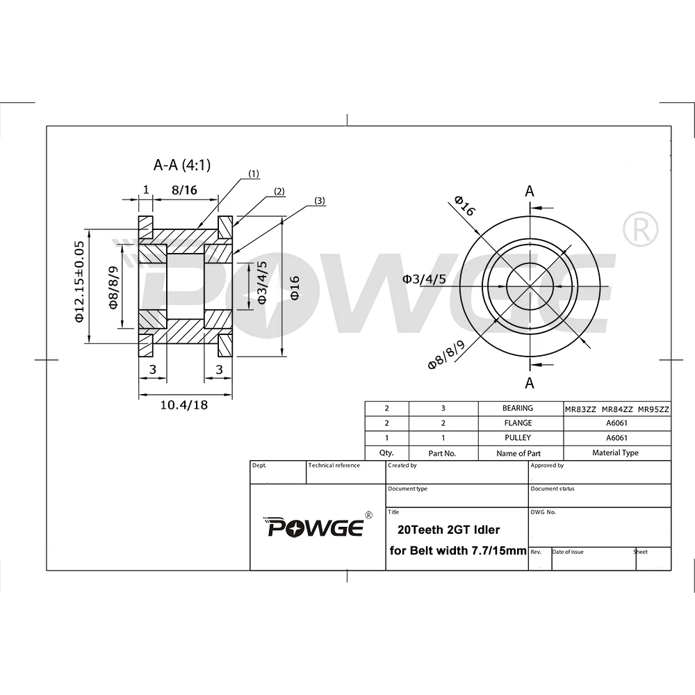 POWGE GT 2GT 2MGT 20 Teeth Idler Timing Belt Pulley Bore 3/4/5/8mm for belt Width 7.7/15mm for Creality K1 & BambuLab 3D Printer
