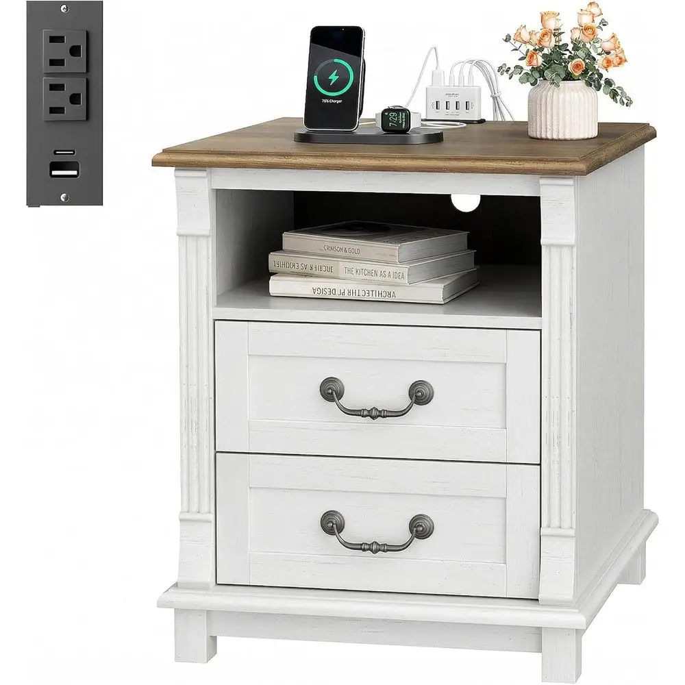 

Farmhouse Nightstand Set of 2 with Charging Station, 2 Drawers Wood Side Table Roman Column Style Vintage Bedside Table