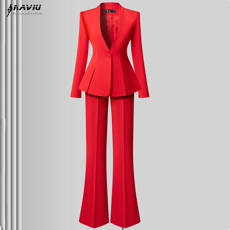 

NAVIU Red Black Claret Red Fashion Women Pants Suit Long Sleeve Solid Ladies Blazer And Trouser Formal 2 Piece Set Work Wear