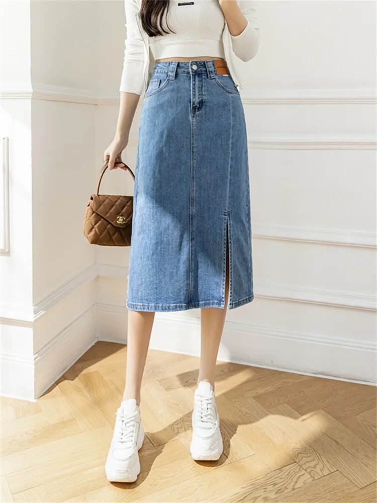 

Весна-Лето 2026: Универсальная джинсовая юбка миди с высокой талией, разрезом и асимметричным подолом, женская, стройнящая, модная, А-силуэт, цветная